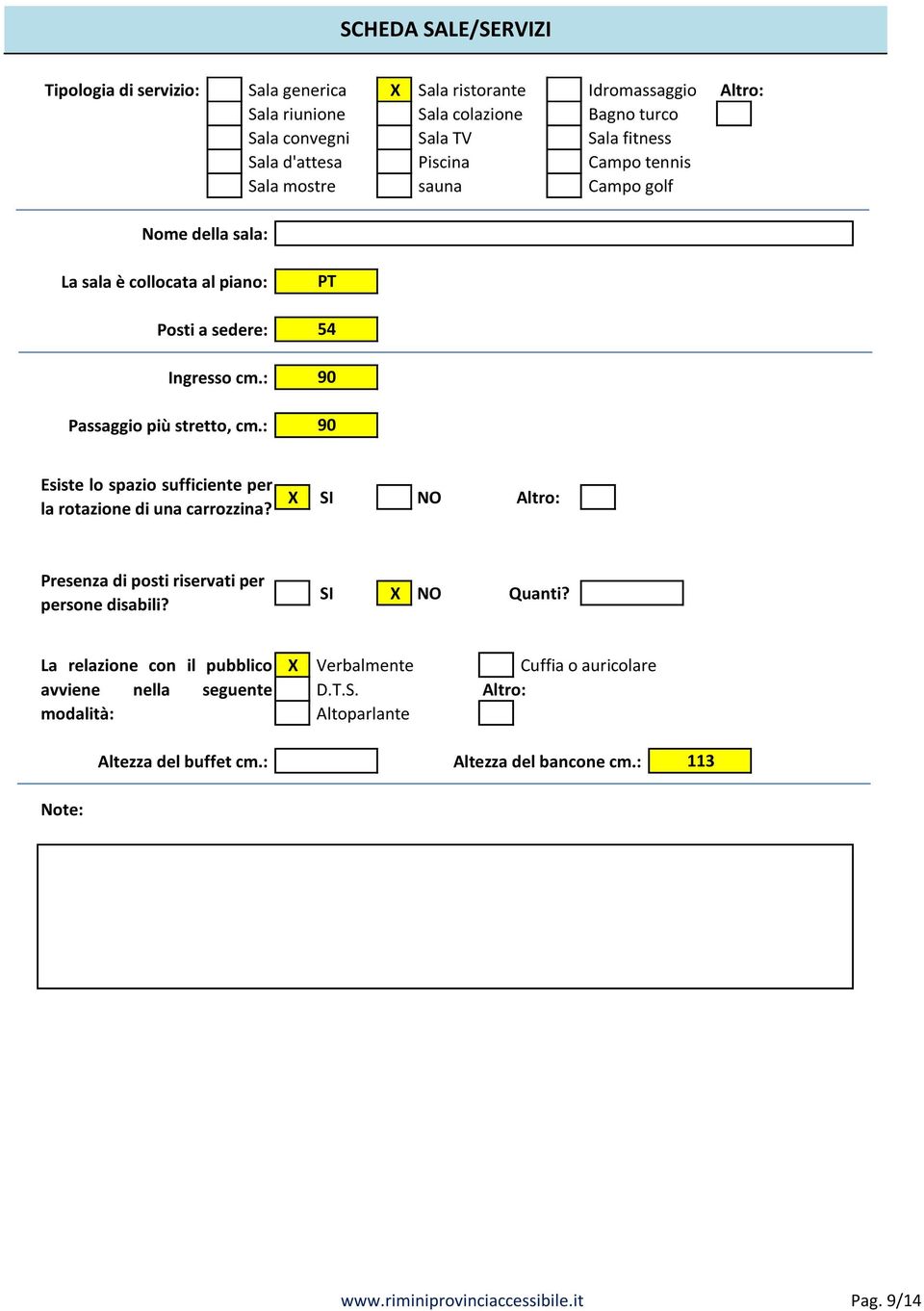 : PT 54 90 90 Esiste lo spazio sufficiente per la rotazione di una carrozzina? X SI NO Altro: Presenza di posti riservati per persone disabili? SI X NO Quanti?