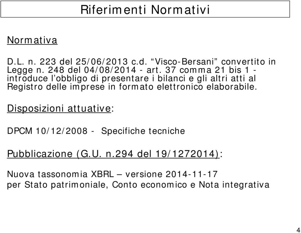 37 comma 21 bis 1 - introduce l obbligo di presentare i bilanci e gli altri atti al Registro delle imprese in formato