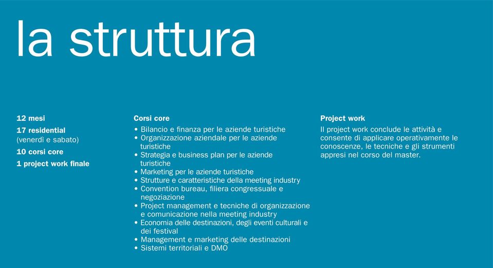 negoziazione Project management e tecniche di organizzazione e comunicazione nella meeting industry Economia delle destinazioni, degli eventi culturali e dei festival Management e marketing