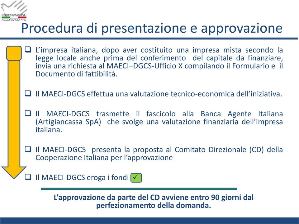 Il MAECI-DGCS trasmette il fascicolo alla Banca Agente Italiana (Artigiancassa SpA) che svolge una valutazione finanziaria dell impresa italiana.