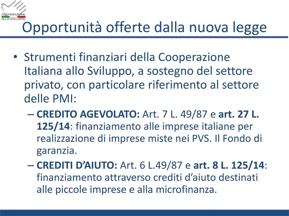 125/14: finanziamento alle imprese italiane per realizzazione di imprese miste nei PVS. Il Fondo di garanzia.