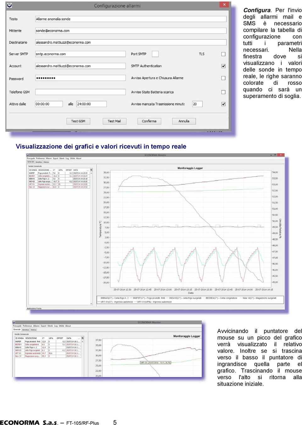Visualizzazione dei grafici e valori ricevuti in tempo reale Avvicinando il puntatore del mouse su un picco del grafico verrà visualizzato il relativo valore.