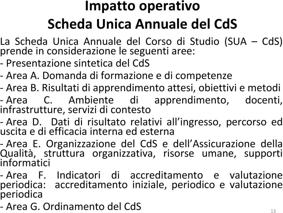 Ambiente di apprendimento, docenti, infrastrutture, servizi di contesto -Area D. Dati di risultato relativi all ingresso, percorso ed uscita e di efficacia interna ed esterna -Area E.