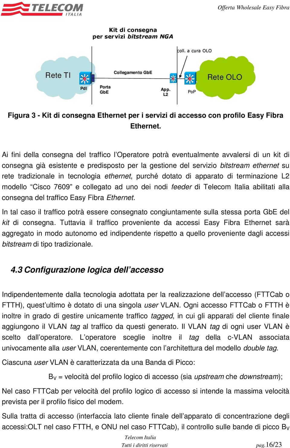 Ai fini della consegna del traffico l Operatore potrà eventualmente avvalersi di un kit di consegna già esistente e predisposto per la gestione del servizio bitstream ethernet su rete tradizionale in