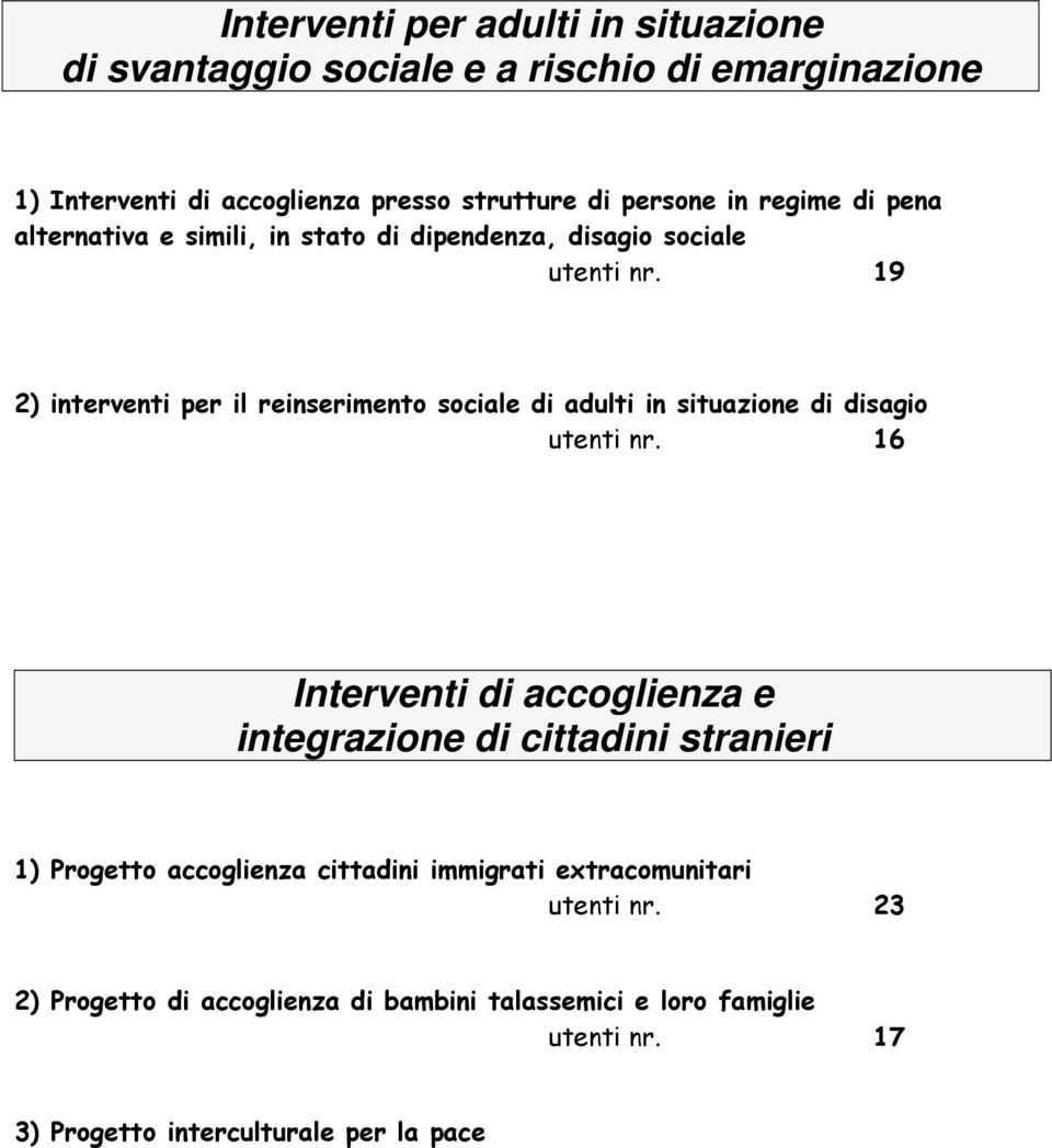 19 2) interventi per il reinserimento sociale di adulti in situazione di disagio utenti nr.
