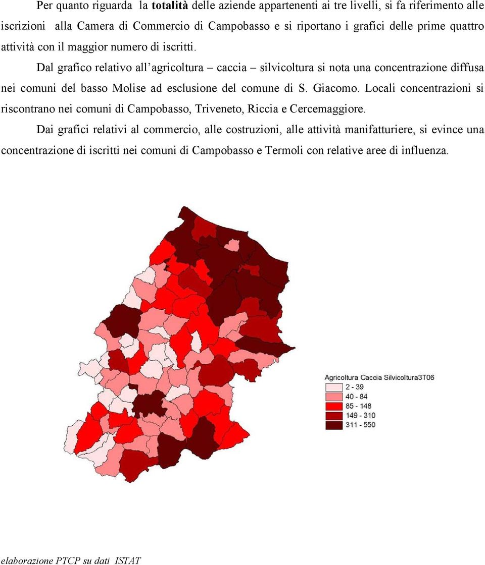 Dal grafico relativo all agricoltura caccia silvicoltura si nota una concentrazione diffusa nei comuni del basso Molise ad esclusione del comune di S. Giacomo.