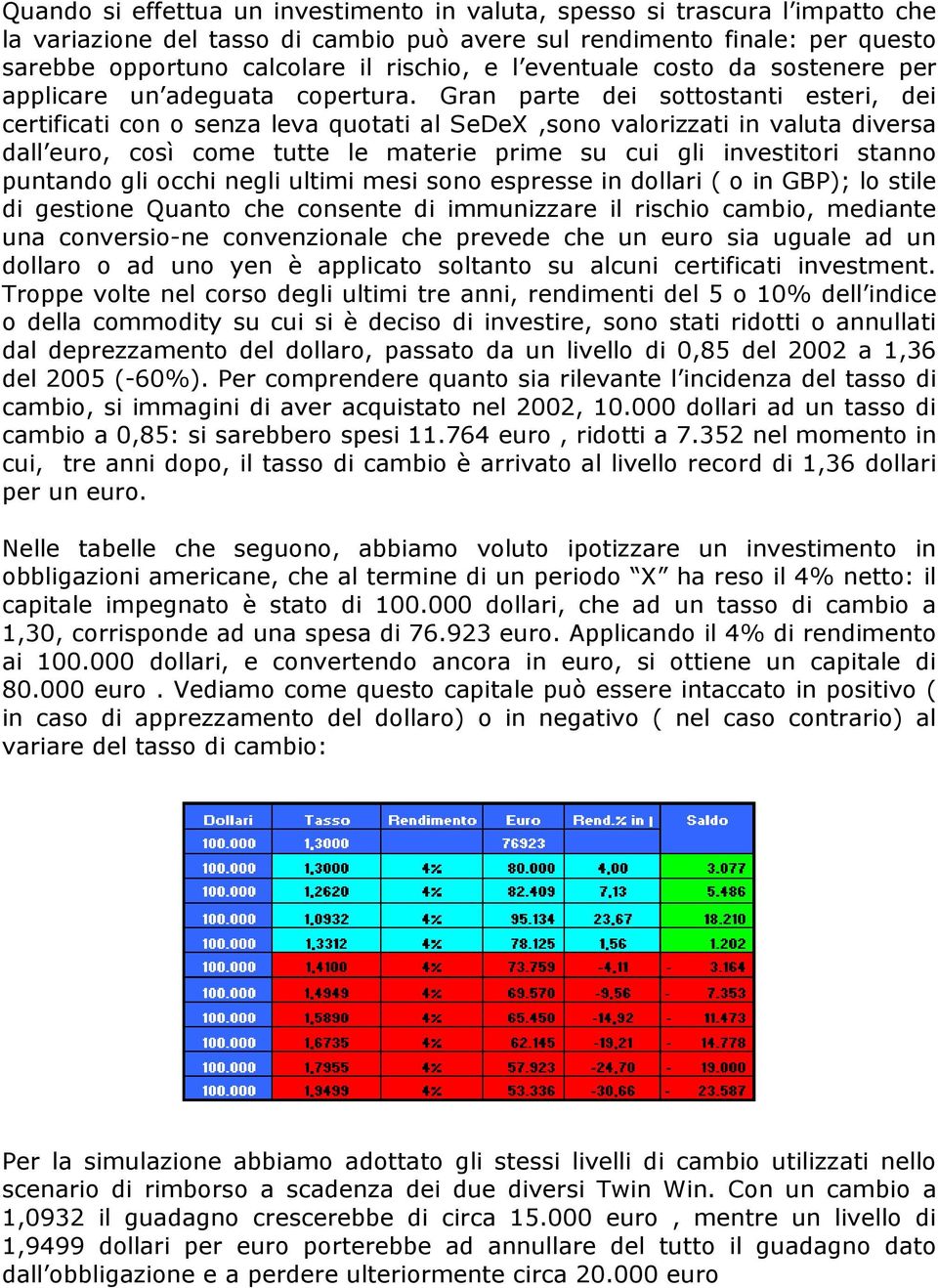 Gran parte dei sottostanti esteri, dei certificati con o senza leva quotati al SeDeX,sono valorizzati in valuta diversa dall euro, così come tutte le materie prime su cui gli investitori stanno