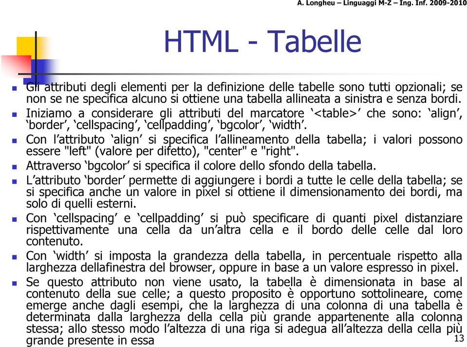 Con l attributo align si specifica l allineamento della tabella; i valori possono essere "left" (valore per difetto), "center" e "right".