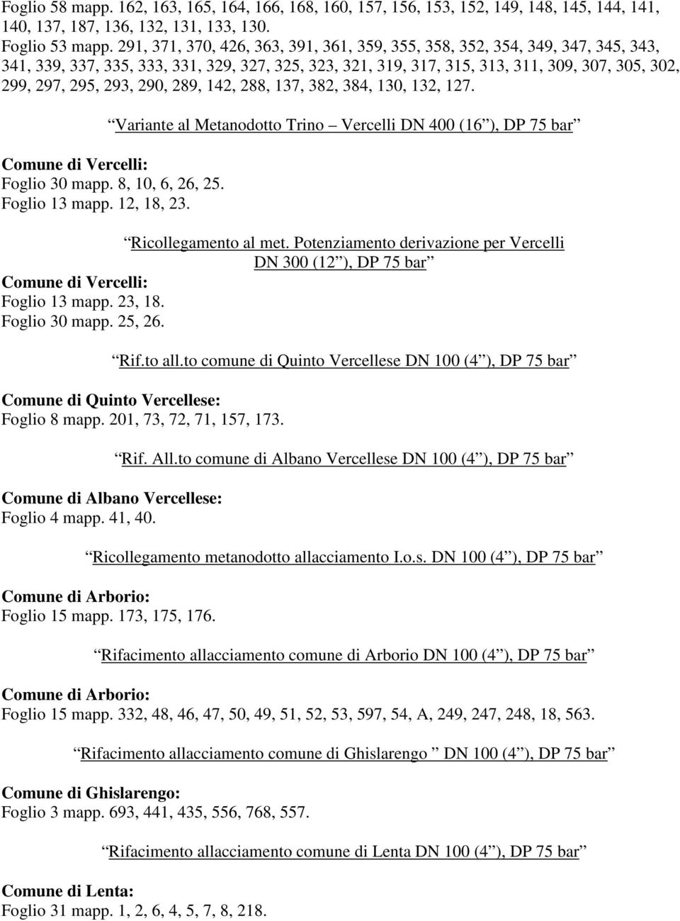 290, 289, 142, 288, 137, 382, 384, 130, 132, 127. Variante al Metanodotto Trino Vercelli DN 400 (16 ), DP 75 bar Comune di Vercelli: Foglio 30 mapp. 8, 10, 6, 26, 25. Foglio 13 mapp. 12, 18, 23.