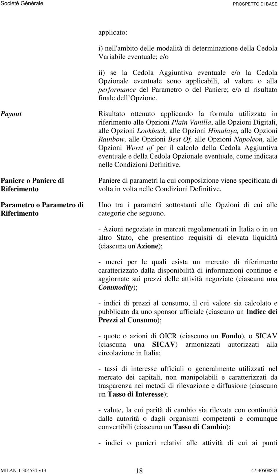 Payout Paniere o Paniere di Riferimento Parametro o Parametro di Riferimento Risultato ottenuto applicando la formula utilizzata in riferimento alle Opzioni Plain Vanilla, alle Opzioni Digitali, alle