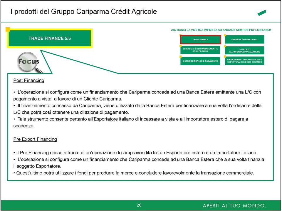 Il finanziamento concesso da Cariparma, viene utilizzato dalla Banca Estera per finanziare a sua volta l ordinante della L/C che potrà così ottenere una dilazione di pagamento.