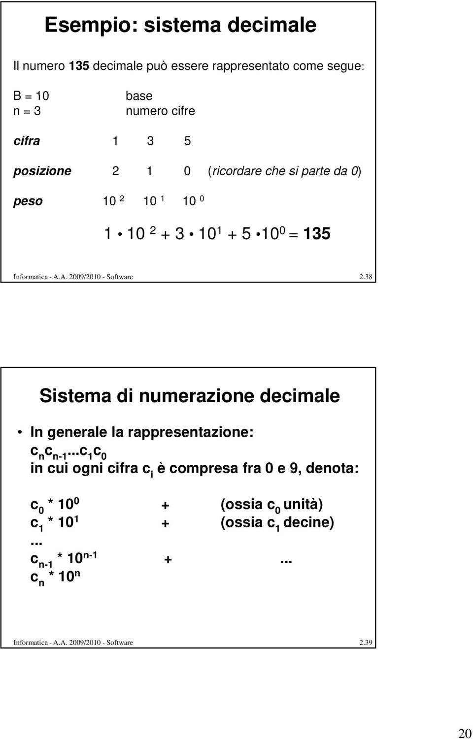 38 Sistema di numerazione decimale In generale la rappresentazione: c n c n-1.