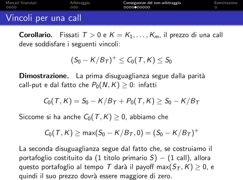 La prima disuguaglianza segue dalla parità call-put e dal fatto che P 0 (N, K) 0: infatti C 0 (T, K) = S 0 K/B T + P 0 (T, K) S 0 K/B T Siccome si ha anche C 0