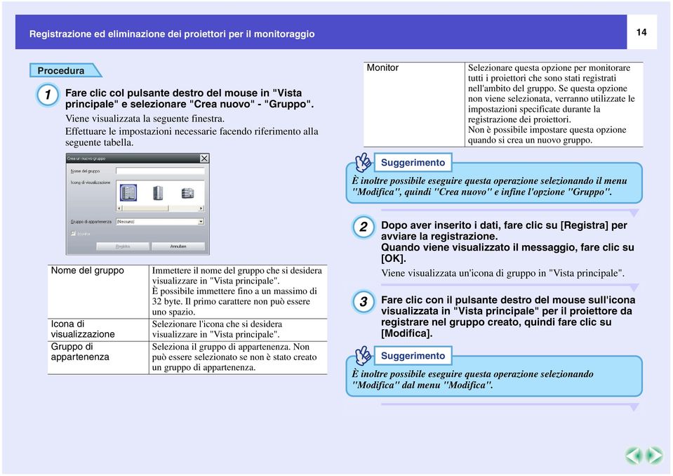 Monitor Selezionare questa opzione per monitorare tutti i proiettori che sono stati registrati nell'ambito del gruppo.