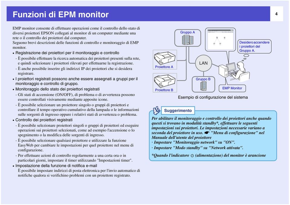 Registrazione dei proiettori per il monitoraggio e controllo - È possibile effettuare la ricerca automatica dei proiettori presenti sulla rete, e quindi selezionare i proiettori rilevati per