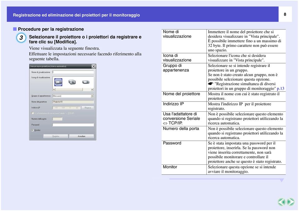 Nome di visualizzazione Icona di visualizzazione Gruppo di appartenenza Nome del proiettore Indirizzo IP Usa l'adattatore di conversione Seriale TCP/IP.