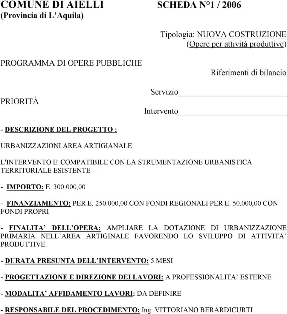 50.000,00 CON FONDI PROPRI - FINALITA DELL OPERA: AMPLIARE LA DOTAZIONE DI URBANIZZAZIONE PRIMARIA NELL AREA