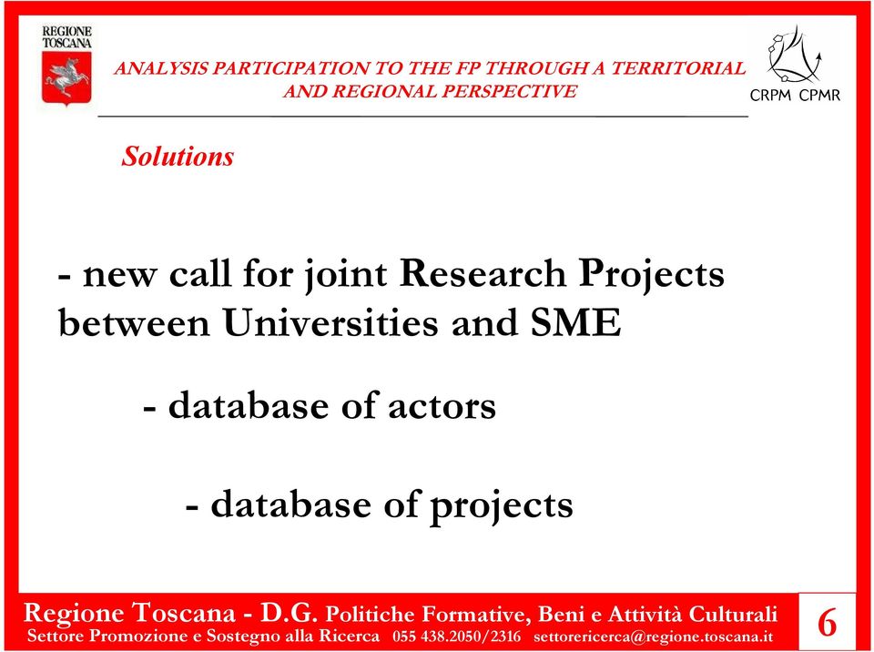 database of projects Settore Promozione e Sostegno