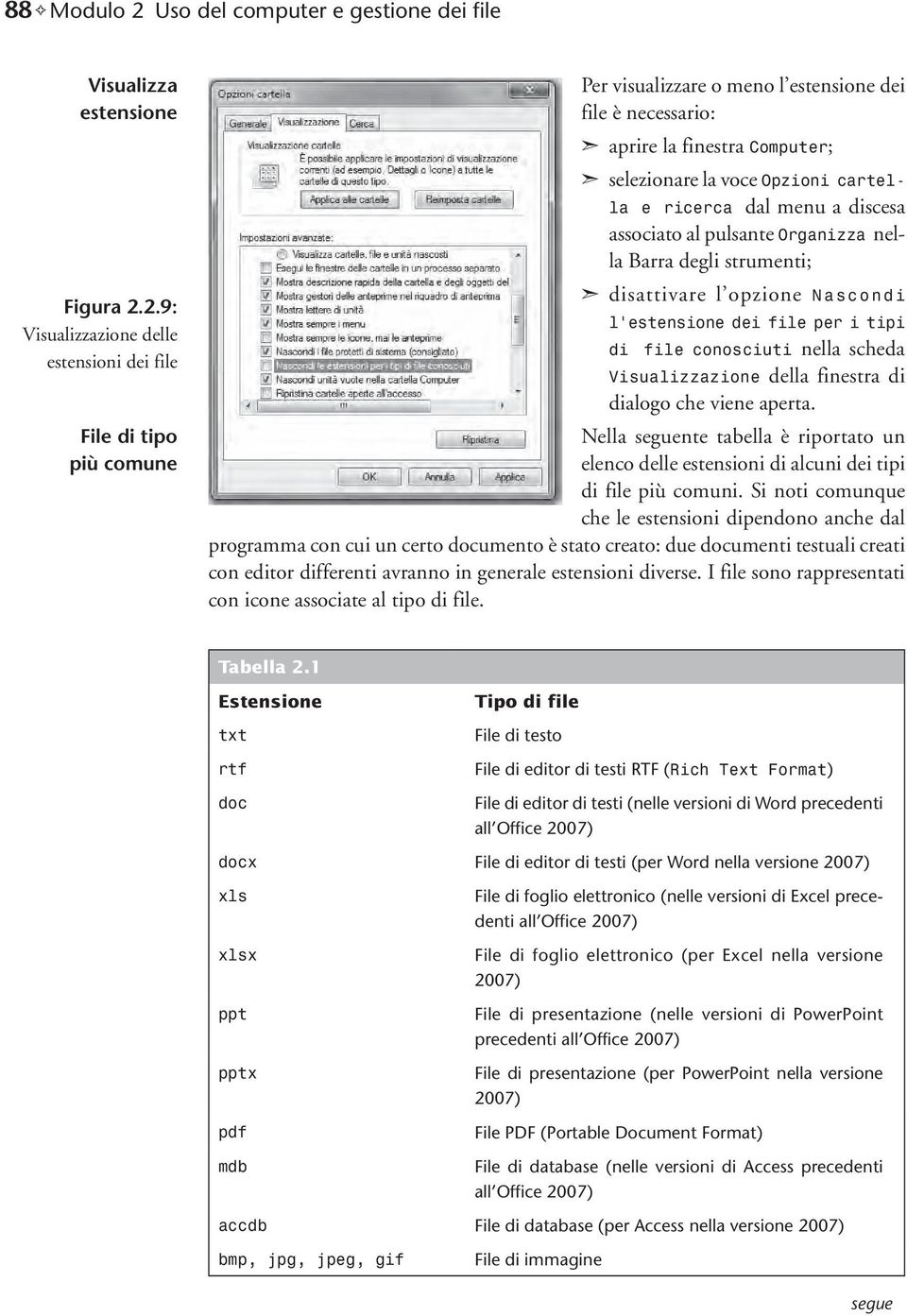 2.9: Visualizzazione delle estensioni dei file File di tipo più comune Per visualizzare o meno l estensione dei file è necessario: aprire la finestra Computer; selezionare la voce Opzioni cartella e