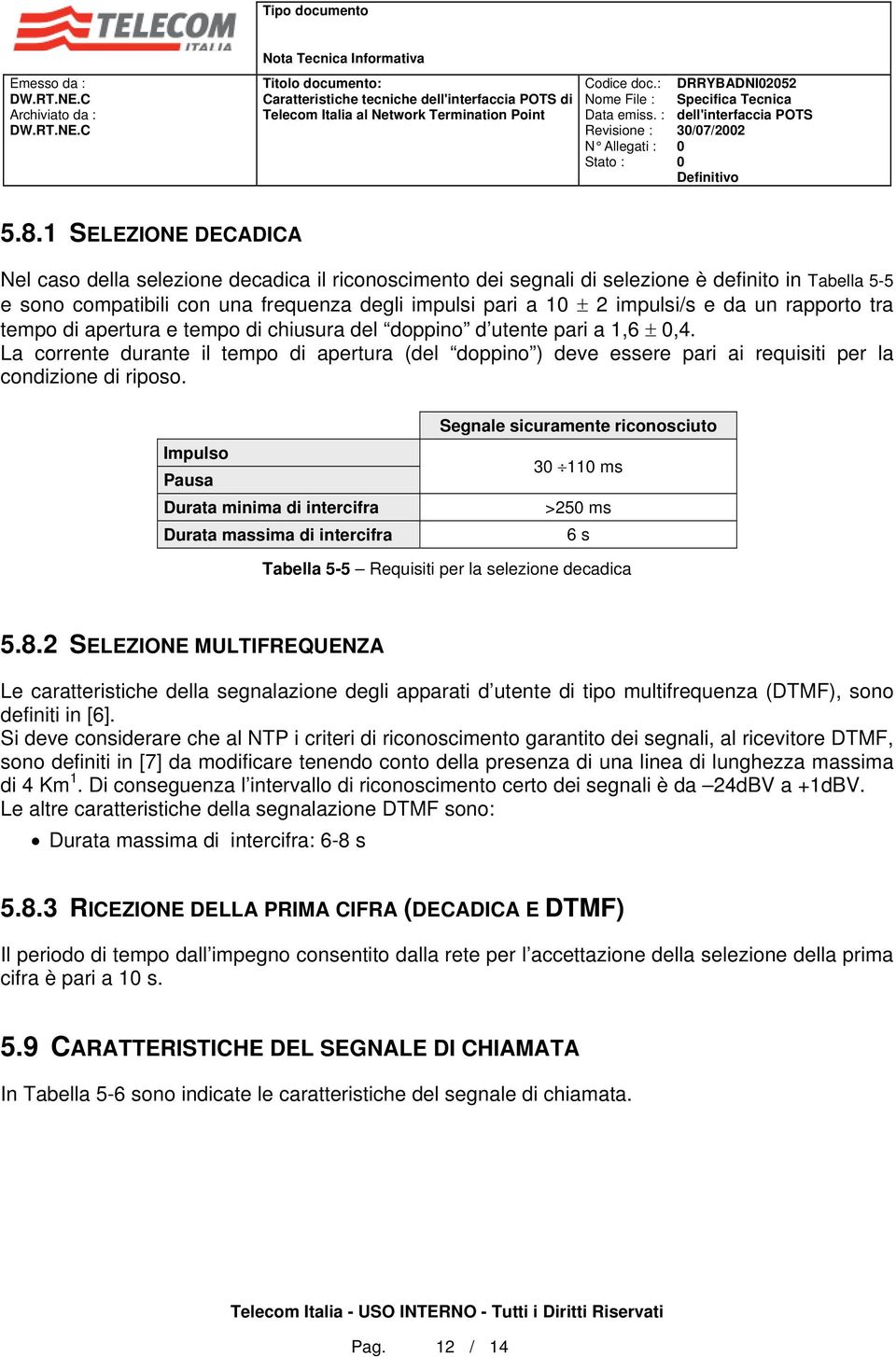 da un rapporto tra tempo di apertura e tempo di chiusura del doppino d utente pari a 1,6 ±,4.