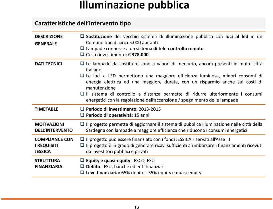 000 Le lampade da sostituire sono a vapori di mercurio, ancora presenti in molte città italiane Le luci a LED permettono una maggiore efficienza luminosa, minori consumi di energia elettrica ed una