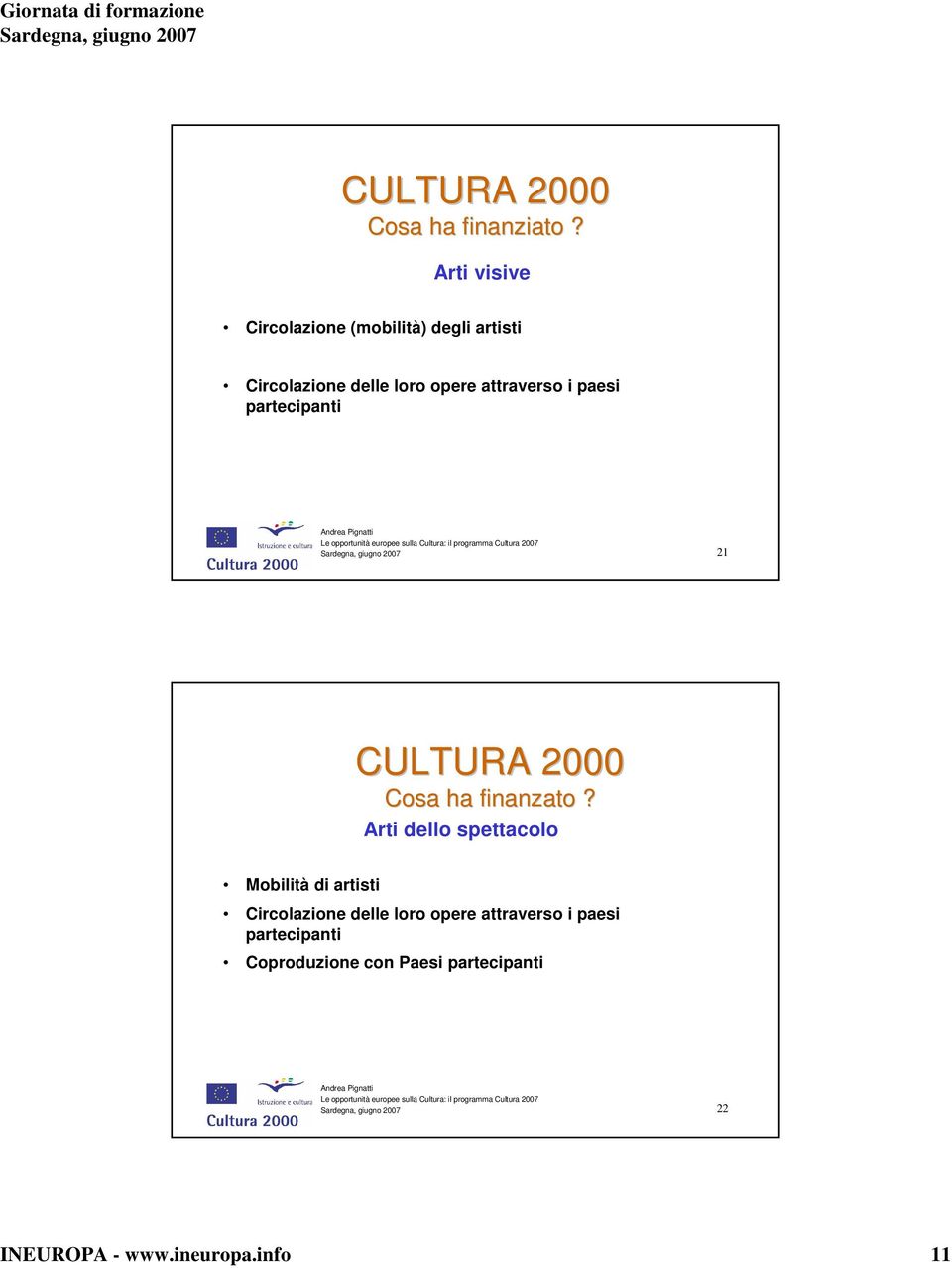 attraverso i paesi partecipanti 21 CULTURA 2000 Cosa ha finanzato?