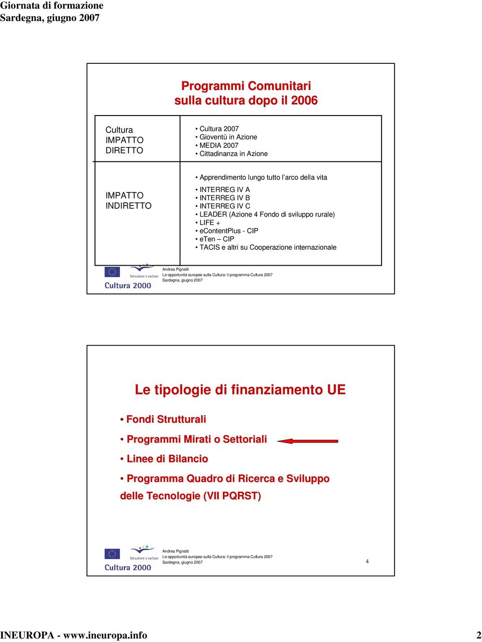 rurale) LIFE + econtentplus - CIP eten CIP TACIS e altri su Cooperazione internazionale Le tipologie di finanziamento UE Fondi Strutturali