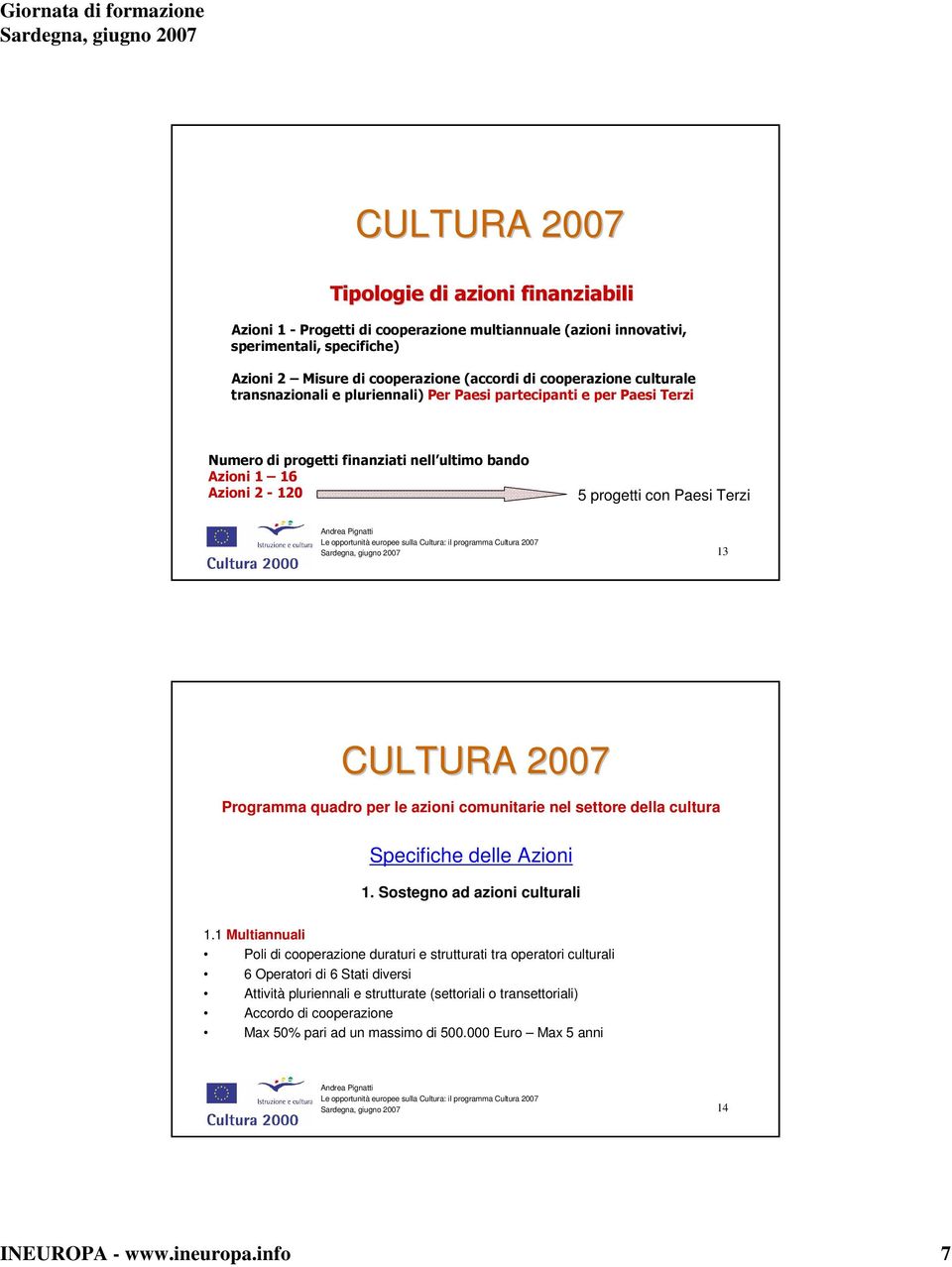 le azioni comunitarie nel settore della cultura Specifiche delle Azioni 1. Sostegno ad azioni culturali 1.