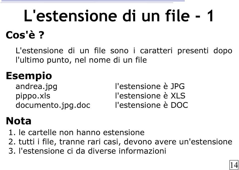 Esempio andrea.jpg pippo.xls documento.jpg.doc l'estensione è JPG l'estensione è XLS l'estensione è DOC Nota 1.