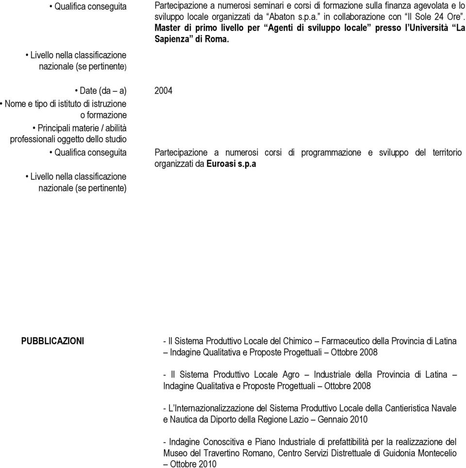 Date (da a) 2004 Nome e tipo di istituto di istruzione o formazione Principali materie / abilità professionali oggetto dello studio Qualifica conseguita Livello nella classificazione nazionale (se