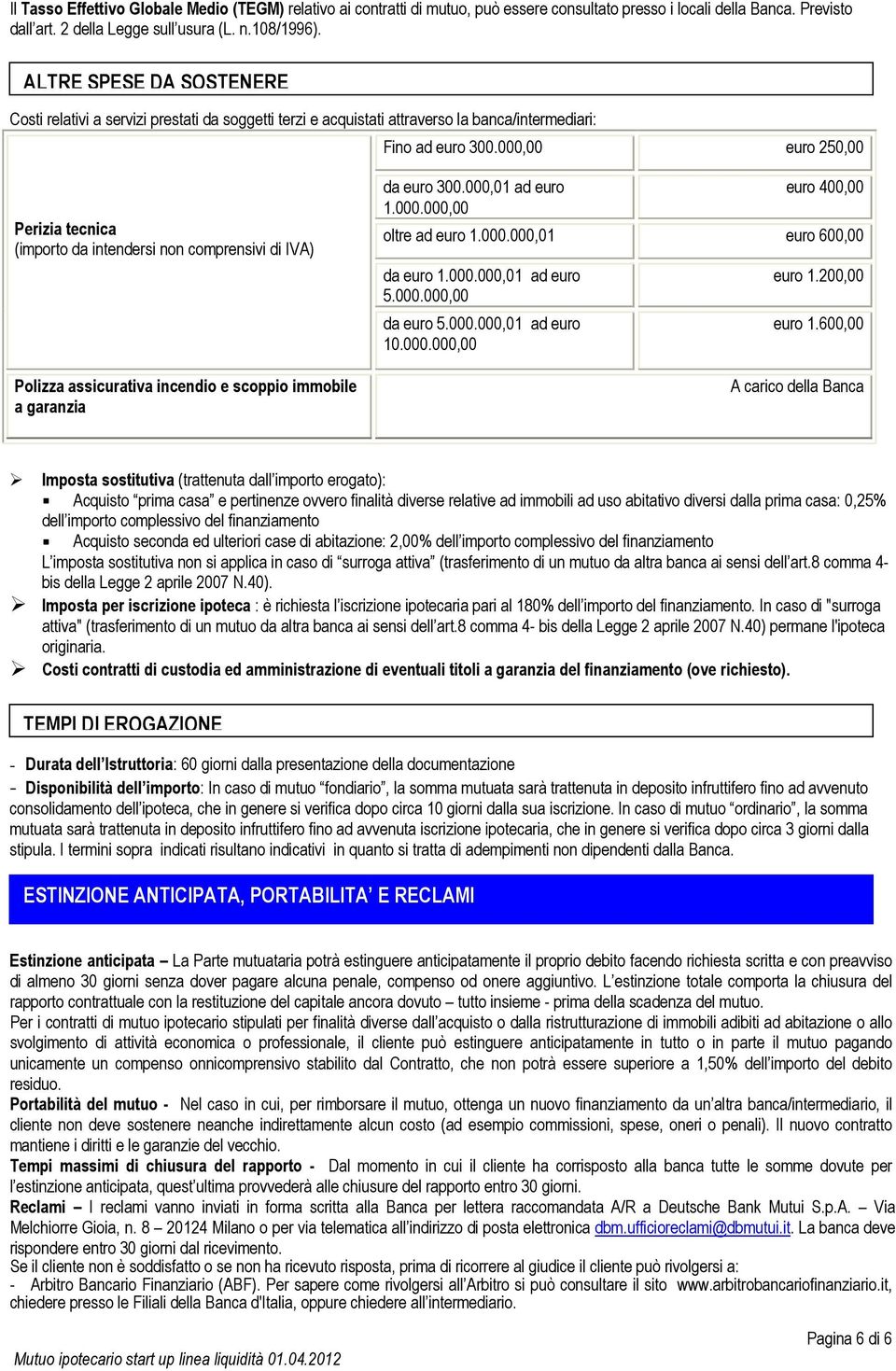 000,00 euro 250,00 Perizia tecnica (importo da intendersi non comprensivi di IVA) Polizza assicurativa incendio e scoppio immobile a garanzia da euro 300.000,01 ad euro 1.000.000,00 euro 400,00 oltre ad euro 1.