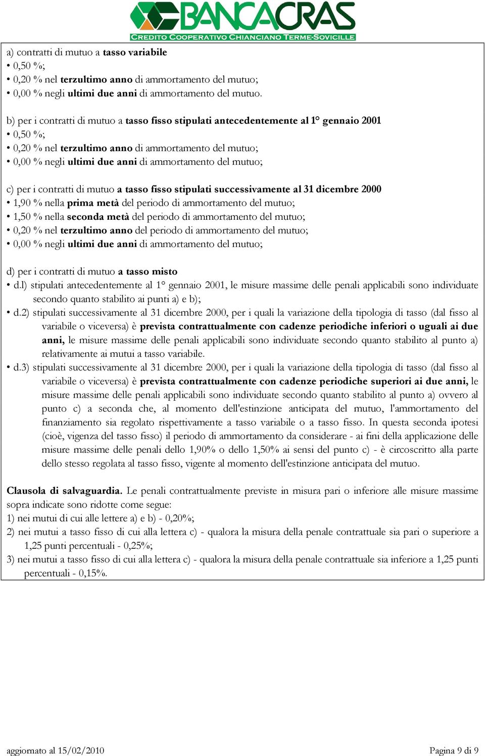 mutuo; c) per i contratti di mutuo a tasso fisso stipulati successivamente al 31 dicembre 2000 1,90 % nella prima metà del periodo di ammortamento del mutuo; 1,50 % nella seconda metà del periodo di