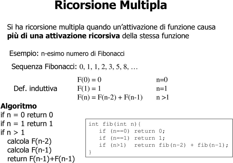 induttiva Algoritmo if n = 0 return 0 if n = 1 return 1 if n > 1 calcola F(n-2) calcola F(n-1) return F(n-1)+F(n-1) F(0)