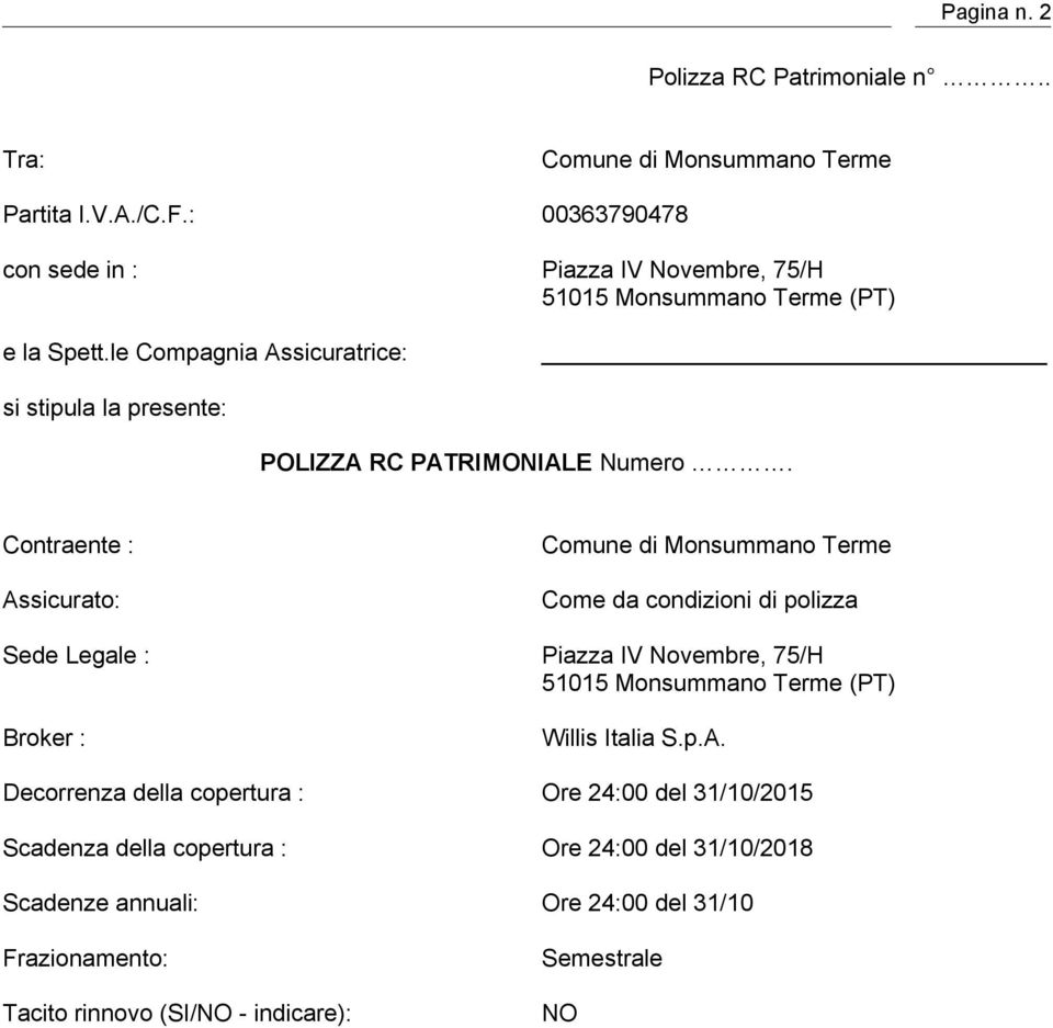 le Compagnia Assicuratrice: si stipula la presente: POLIZZA RC PATRIMONIALE Numero.