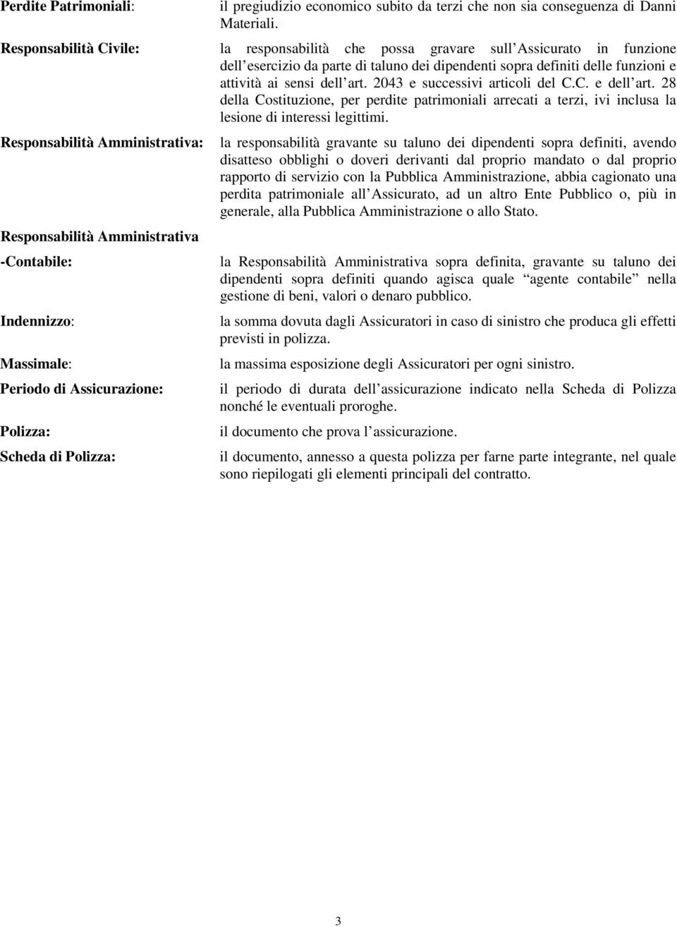 2043 e successivi articoli del C.C. e dell art. 28 della Costituzione, per perdite patrimoniali arrecati a terzi, ivi inclusa la lesione di interessi legittimi.