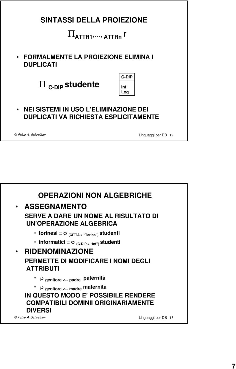 Scheibe Linguaggi pe DB 12 OPERAZIONI NON ALGEBRICHE ASSEGNAMENTO SERVE A DARE UN NOME AL RISULTATO DI UN OPERAZIONE ALGEBRICA toinesi = σ (CITTÀ = Toino )