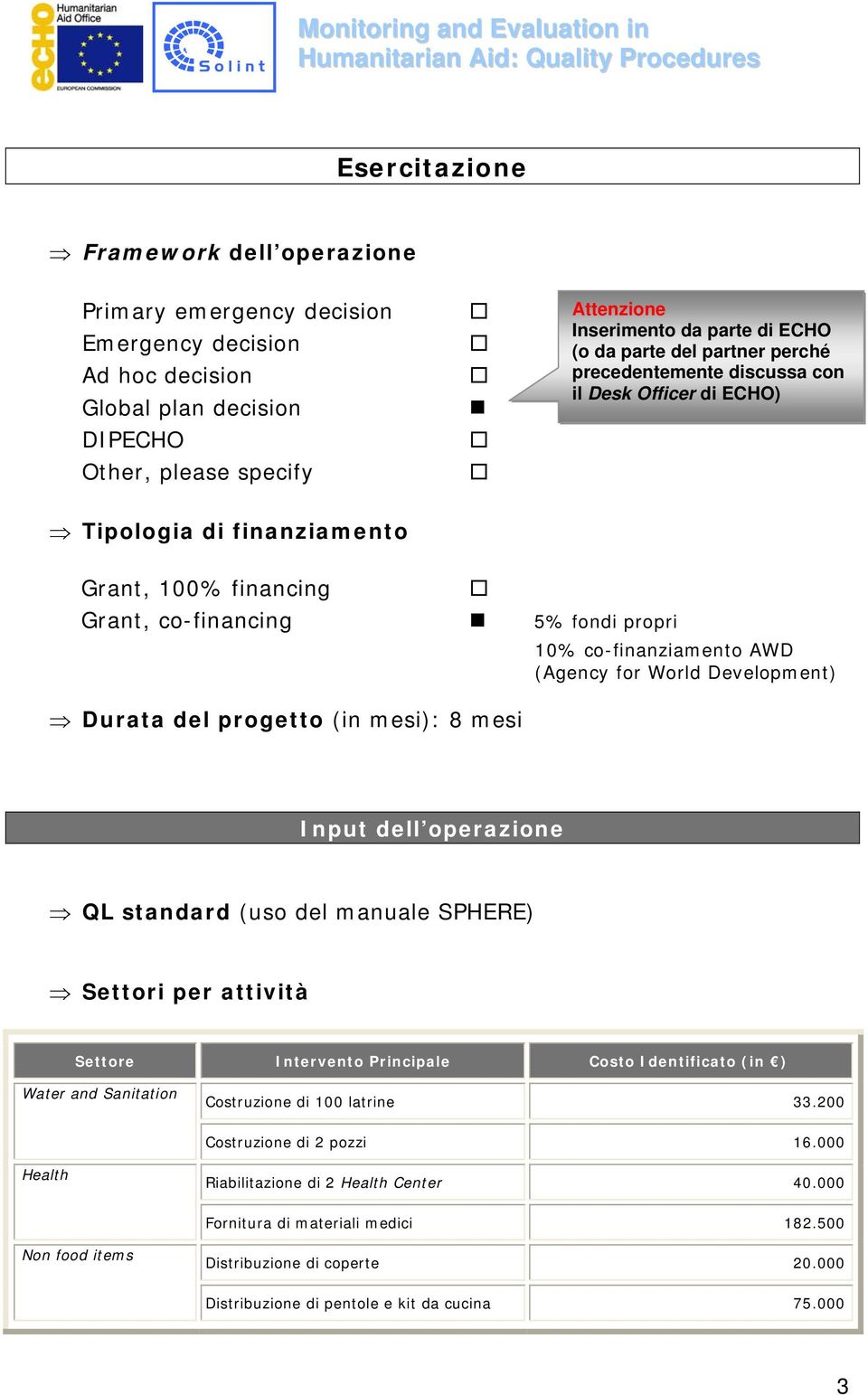 mesi 10% co-finanziamento AWD (Agency for World Development) Input dell operazione QL standard (uso del manuale SPHERE) Settori per attività Settore Intervento Principale Costo Identificato (in )