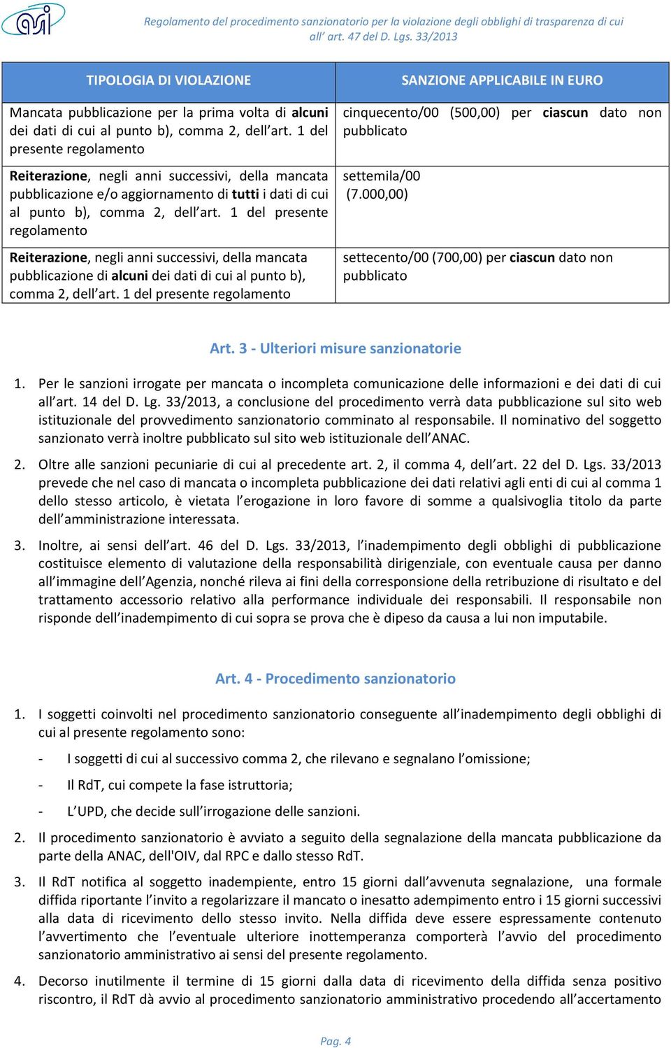 1 del presente regolamento pubblicazione di alcuni dei dati di cui al punto b), SANZIONE APPLICABILE IN EURO cinquecento/00 (500,00) per ciascun dato non pubblicato settemila/00 (7.