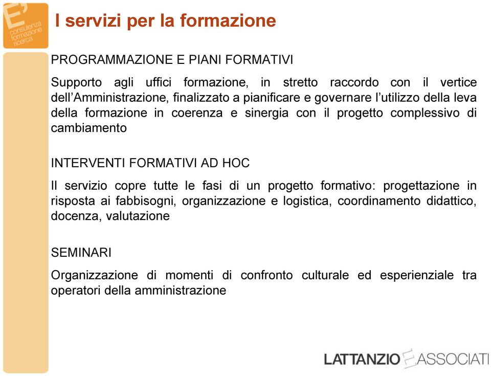 INTERVENTI FORMATIVI AD HOC Il servizio copre tutte le fasi di un progetto formativo: progettazione in risposta ai fabbisogni, organizzazione e