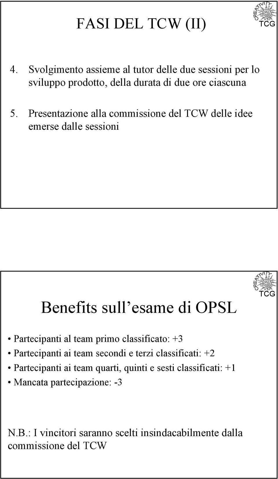 Presentazione alla commissione del TCW delle idee emerse dalle sessioni Benefits sull esame di OPSL Partecipanti al team