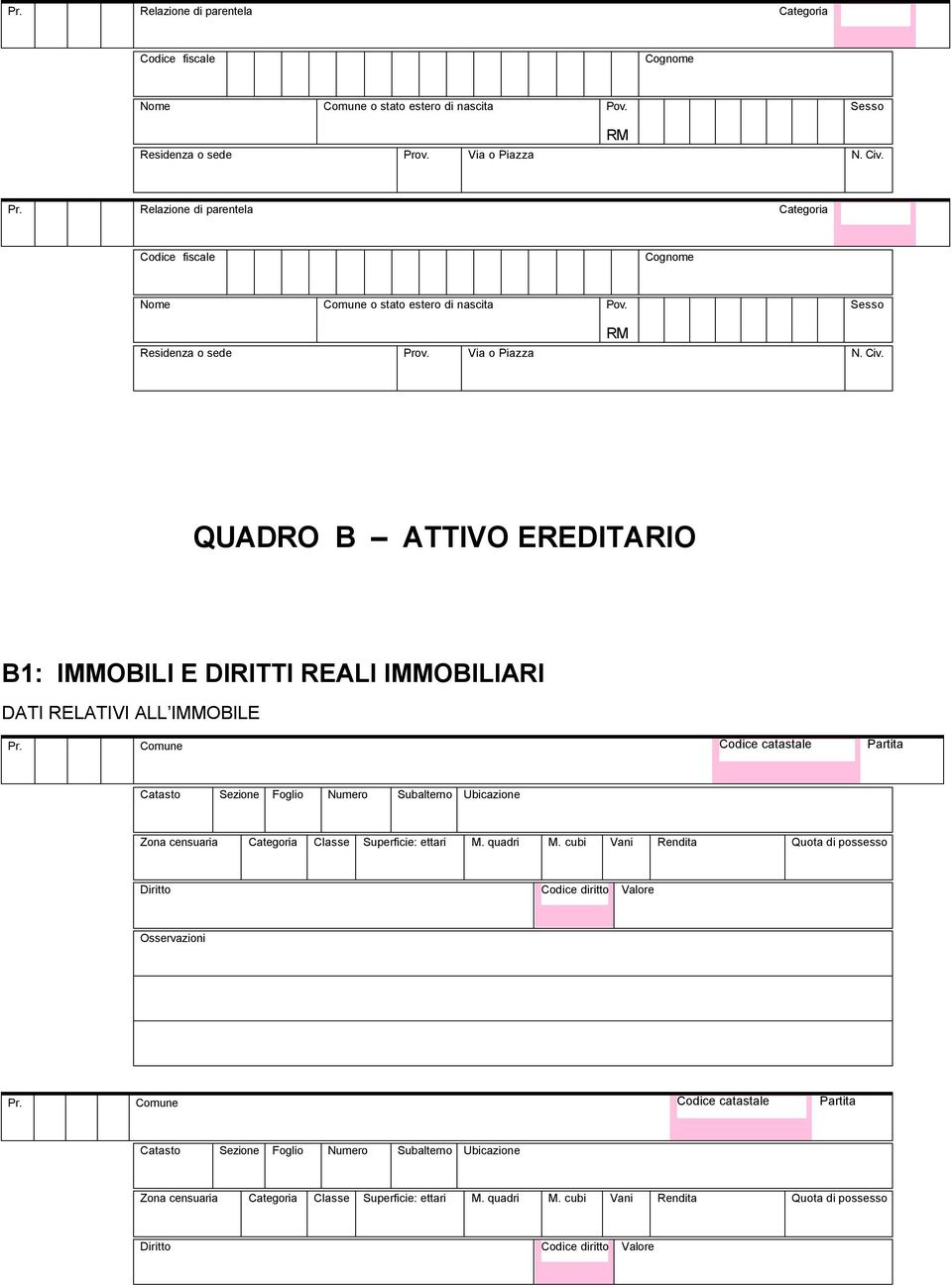 RM QUADRO B ATTIVO EREDITARIO B1: IMMOBILI E DIRITTI REALI IMMOBILIARI DATI RELATIVI ALL IMMOBILE Pr.