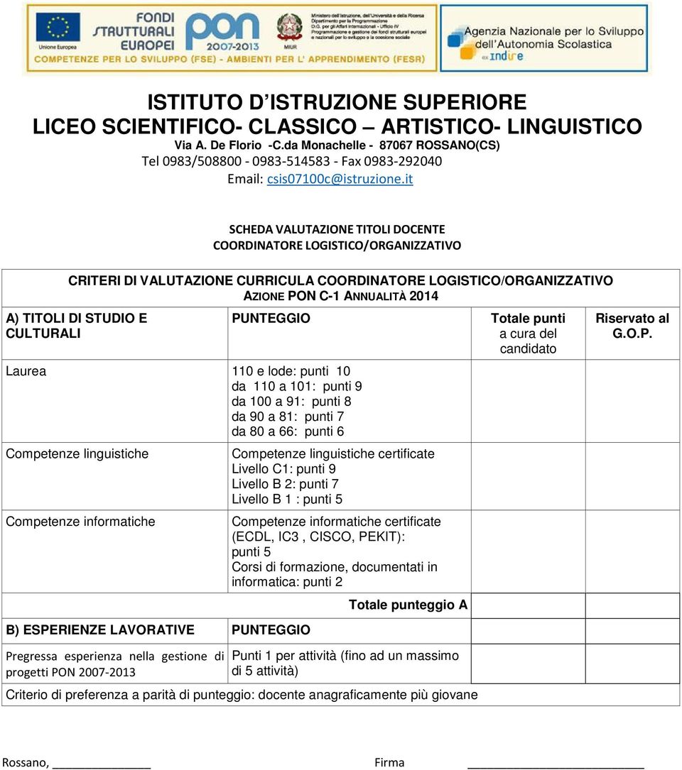 LAVORATIVE PUNTEGGIO Pregressa esperienza nella gestione di progetti PON 2007-2013 Competenze linguistiche certificate Livello C1: punti 9 Livello B 2: punti 7 Livello B 1 : punti 5 Competenze