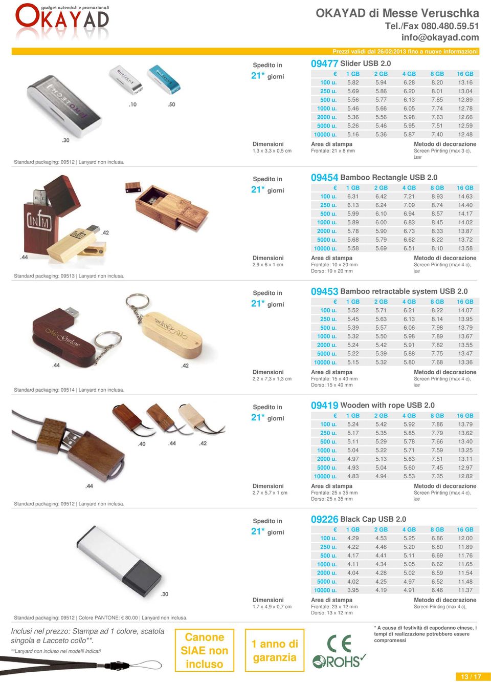 22 8.10 14.63 14.40 14.17 14.02 13.87 13.72 13.58 2,9 x 6 x 1 cm Frontale: 10 x 20 mm Dorso: 10 x 20 mm laser Standard packaging: 09513 Lanyard non inclusa. 09453 Bamboo retractable system USB 2.0 5.