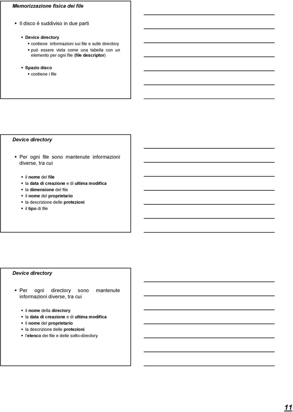 ultima modifica la dimensione del file il nome del proprietario la descrizione delle protezioni il tipo di file Device directory Per ogni directory sono mantenute informazioni