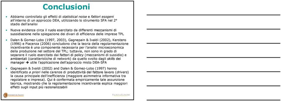 Piacenza (2006) concludono che la teoria della regolamentazione incentivante è una componente necessaria per l analisi microeconomica della produzione nel settore del TPL; tuttavia, non sono in grado