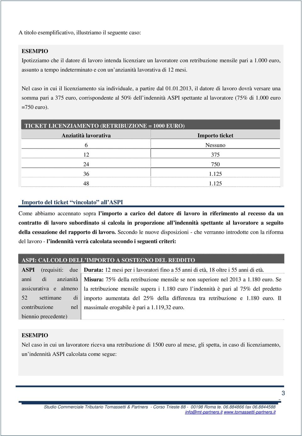 01.2013, il datore di lavoro dovrà versare una somma pari a 375 euro, corrispondente al 50% dell indennità ASPI spettante al lavoratore (75% di 1.000 euro =750 euro).