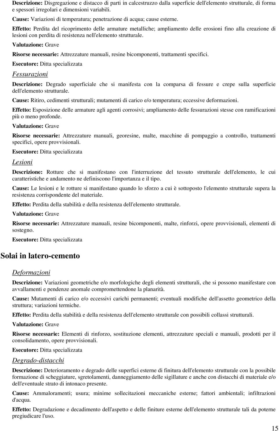 Effetto: Perdita del ricoprimento delle armature metalliche; ampliamento delle erosioni fino alla creazione di lesioni con perdita di resistenza nell'elemento strutturale.