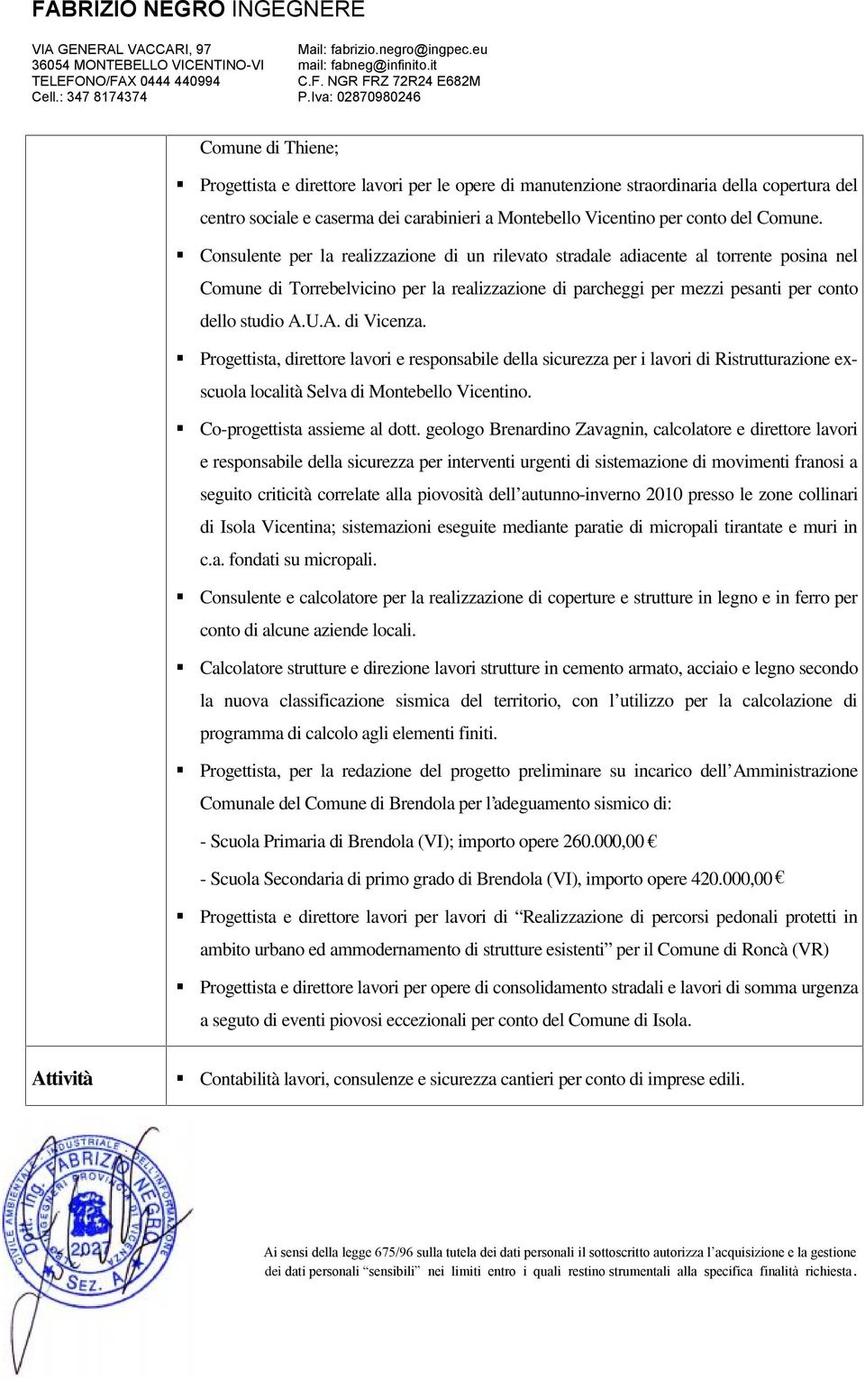 U.A. di Vicenza. Progettista, direttore lavori e responsabile della sicurezza per i lavori di Ristrutturazione exscuola località Selva di Montebello Vicentino. Co-progettista assieme al dott.