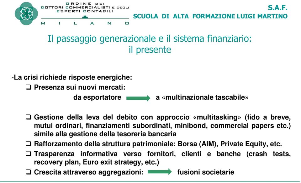 commercial papers etc.) simile alla gestione della tesoreria bancaria Rafforzamento della struttura patrimoniale: Borsa (AIM), Private Equity, etc.