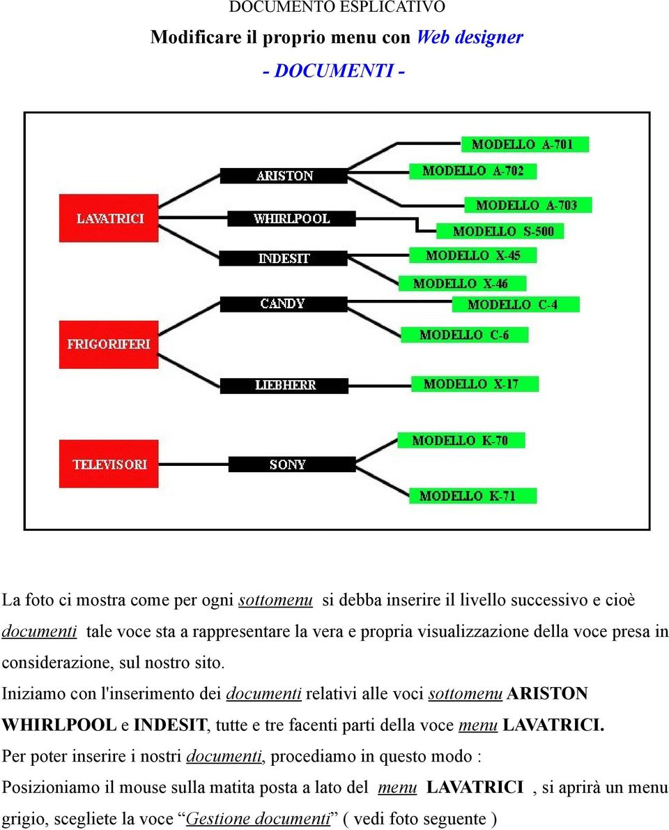 Iniziamo con l'inserimento dei documenti relativi alle voci sottomenu ARISTON WHIRLPOOL e INDESIT, tutte e tre facenti parti della voce menu LAVATRICI.